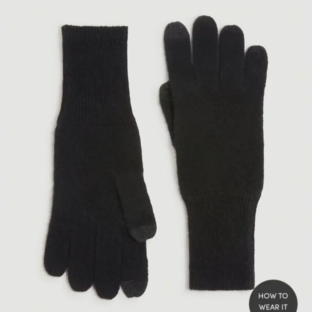 LOFT 100% Cashmere Ribbed Gloves in Black Winter Luxury Warm Snow Cozy
